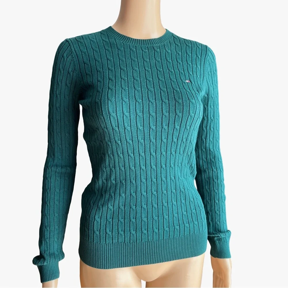 NWT Tommy Hilfiger Cable Knit Cotton Sweater Forest Green XS - Picture 2 of 7